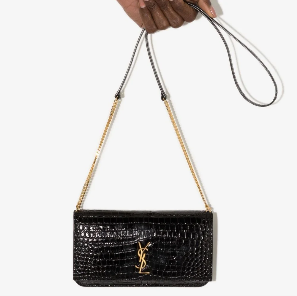YSL SAINT LAURENT CASSANDRE PHONE HOLDER W/ STRAP IN CROCODILE-EMBOSSED LEATHER - Picture 5 of 16